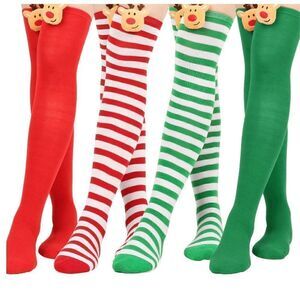 Women's Holiday Solid Red Color Reindeer Over The Knee Sock-One Size